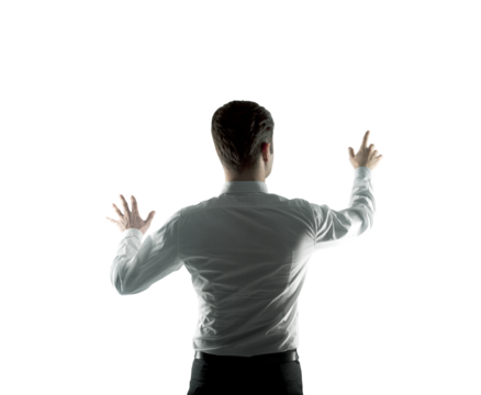 Person in white shirt with arms extended, isolated on plain white background, concept of interaction or innovation