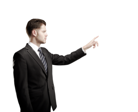 Man in a suit pointing forward with a focused expression, isolated on a white background. Concept of business, direction, and decision-making - Powered by Adobe