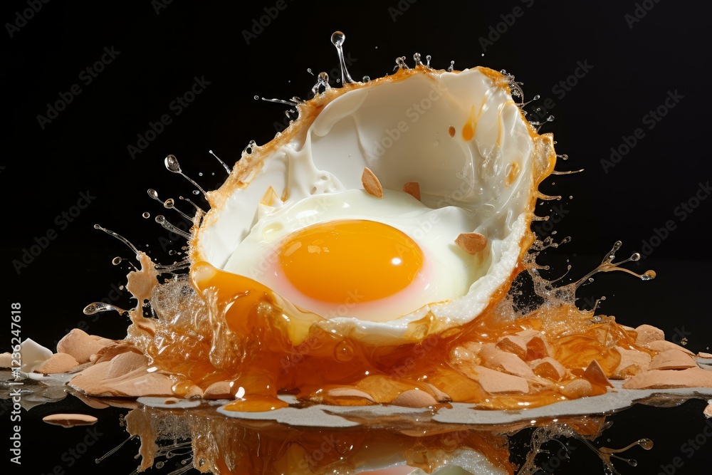Poster dynamic shot of a fried egg splashing, surrounded by eggshell fragments, creating a visually strikin