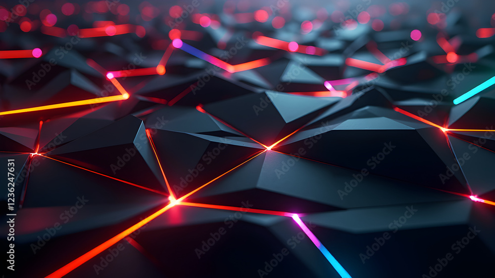 Poster abstract dark low poly background neon lines glowing network connection futuristic technology 3d ren