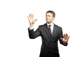 Man wearing a striped suit and tie, raising hands as if interacting with something, isolated on a white background. Concept of business or technology