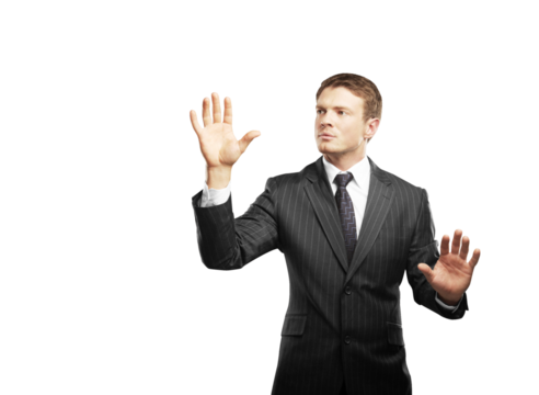 Man wearing a striped suit and tie, raising hands as if interacting with something, isolated on a white background. Concept of business or technology