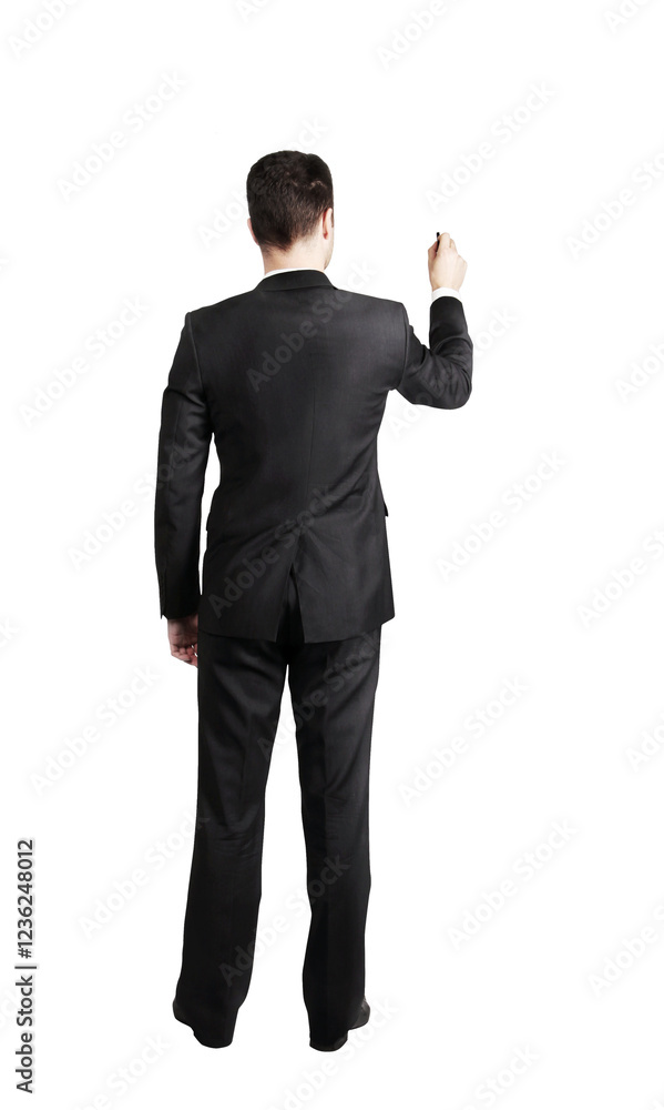 Poster a man in a suit with his back turned, writing on an invisible surface. isolated on a white backgroun