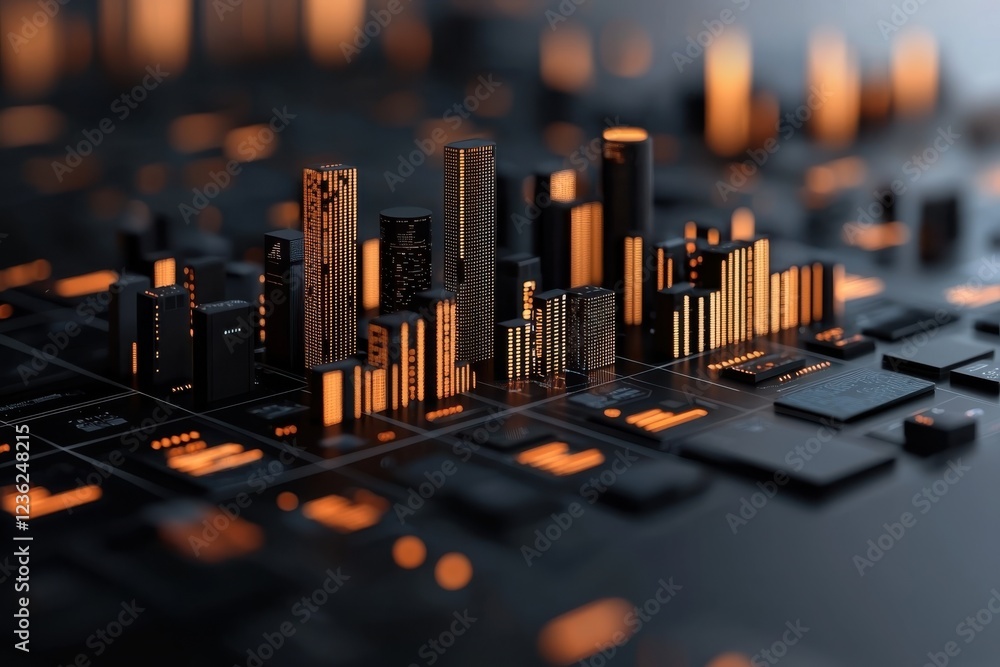 Poster futuristic data visualization with a cityscape of skyscrapers financial buildings and a complex digi