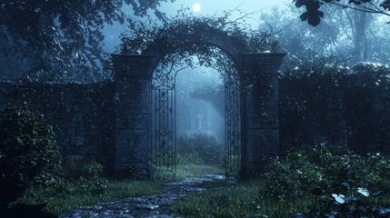 Enchanted Old Vine Covered Gate Under Moonlit Night Sky