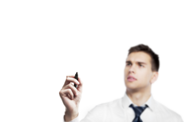A man in a shirt and tie holding a marker pen with focus on the pen, while his face is blurred in the background. Isolated on a white background