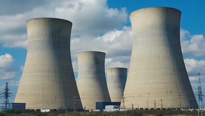 Fototapeta premium A nuclear power plant stands tall in the middle of a vast field, surrounded by greenery and under a clear sky.