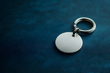 A round silver keychain with no name tag is placed on the dark blue surface of an empty table, creating a visually appealing and minimalistic composition.