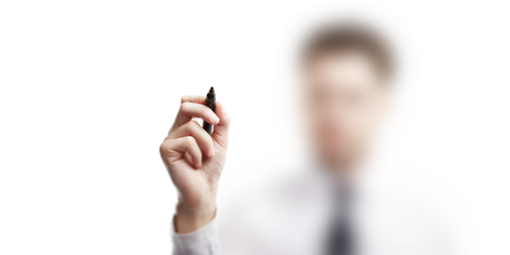 Close-up of a hand holding a marker pen, poised for writing, with a blurred figure in the background. Minimalist design on a white background