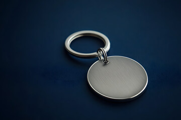 A round silver keychain with no name tag is placed on the dark blue surface of an empty table, creating a visually appealing and minimalistic composition.