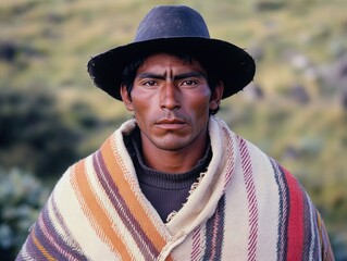 Native South American man in traditional costume with a serious expression, symbolizing the endurance of indigenous peoples.