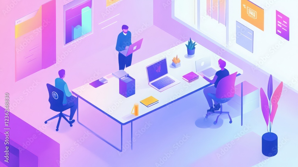 Poster isometric workspace illustration of team collaboration and data visualization in office