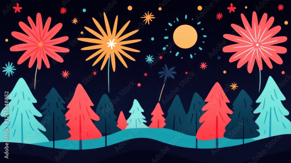Poster stunning firework display exploding across a vibrant nighttime landscape filled with colorful bursts