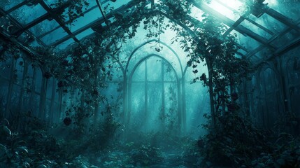 Abandoned Greenhouse Surrounded by Overgrown Vegetation and Light