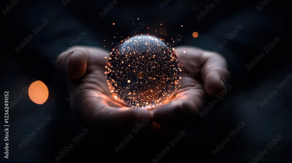 Poster radiating potential glowing sphere gripped in hands depicting the boundless power and captivating es