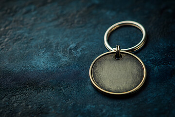 A round silver keychain with no name tag is placed on the dark blue surface of an empty table, creating a visually appealing and minimalistic composition.