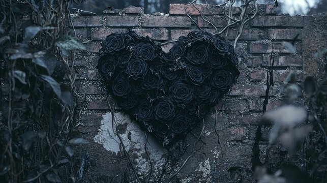 Tattered Heart Shaped Tapestry of Black Roses on Brick Wall