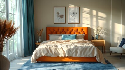 Overhead view of cozy bedroom a large orange bed beige and grey bedclothes a nightstand modern lamp blue curtain vase with dried flowers and decorative rug styled with personal accessories Template