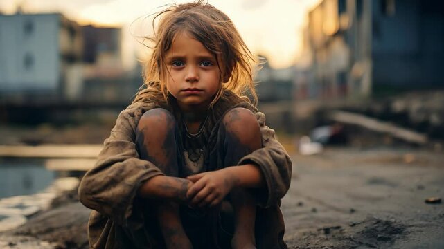 A poor hungry child asking for help and alms, food. Hunger. Water problems, global warming, drought, water shortage in the world, health problems, poverty and misery in countries. Climate change: from