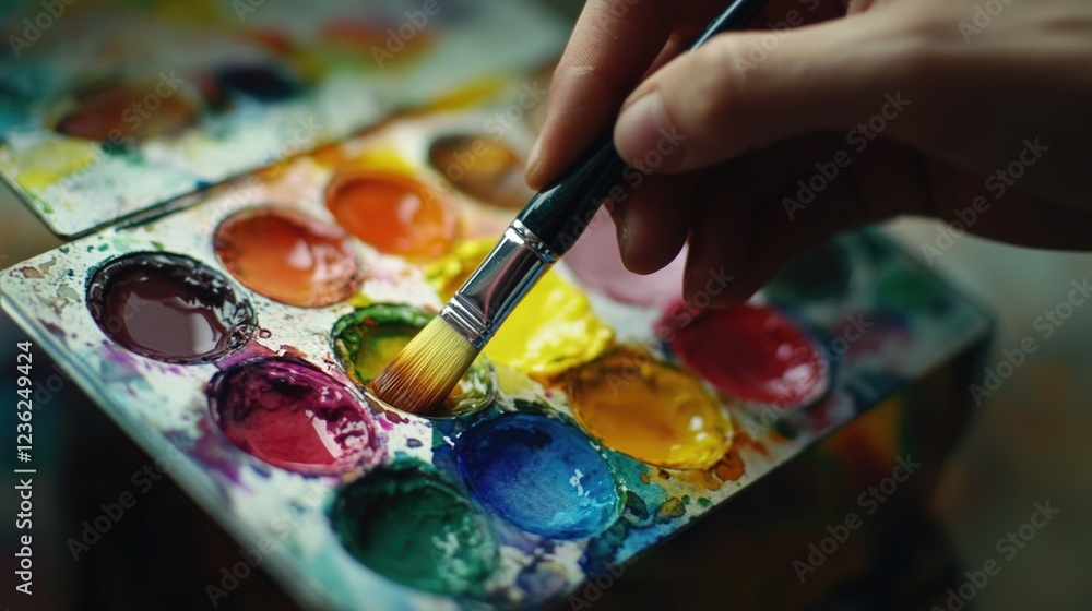 Poster painting process captured in motion, artist using a brush to create vibrant colors on canvas. includ