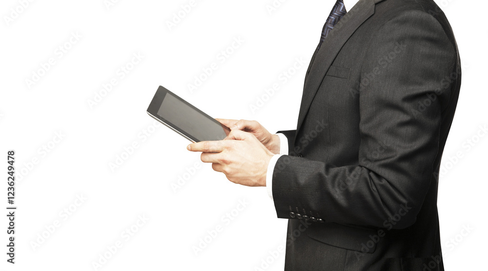Poster a businessman in a formal suit holding and using a tablet device, isolated on a white background. co