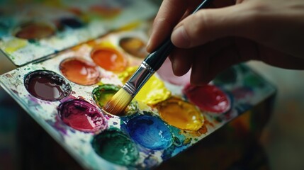 Fototapeta premium Painting process captured in motion, artist using a brush to create vibrant colors on canvas. Includes close-up of paintbrush in use, highlighting the craftsmanship and creativity involved.