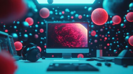 Obraz premium Futuristic Desktop Setup with Cosmic Elements and Neon Colors