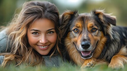 Fototapeta premium Smiling Woman Lies in Grass With Her Happy Dog During a Sunny Afternoon in a Park