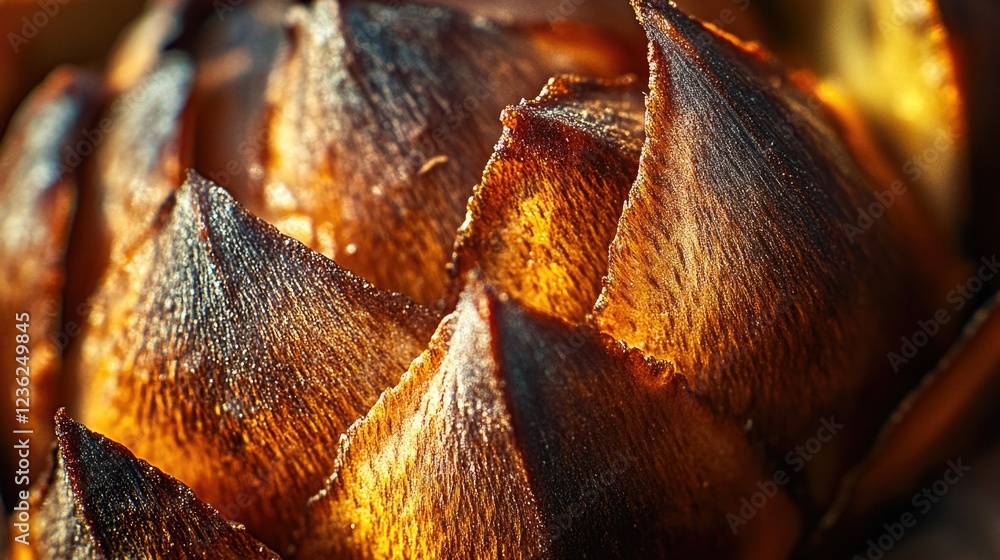 Poster close-up image of burnt pine cones showing the detailed texture and intricate seed structure.