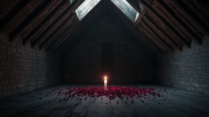 Naklejka premium High Vaulted Chamber with Candle and Rose Petals in Dark Setting