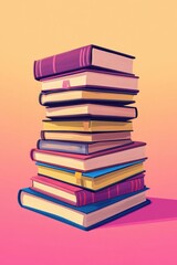 Cartoon style of a stack of books against yellow background.