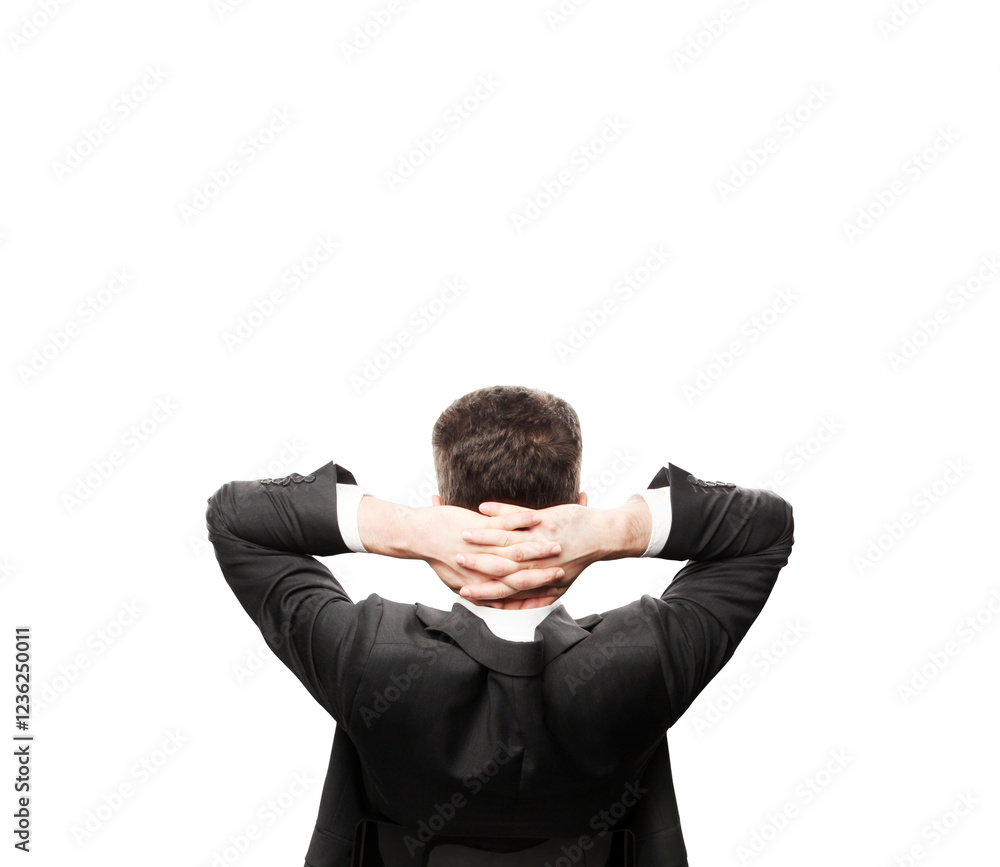 Poster man in asuit leaning back with hands clasped behind head, isolated on a clean white background. conc
