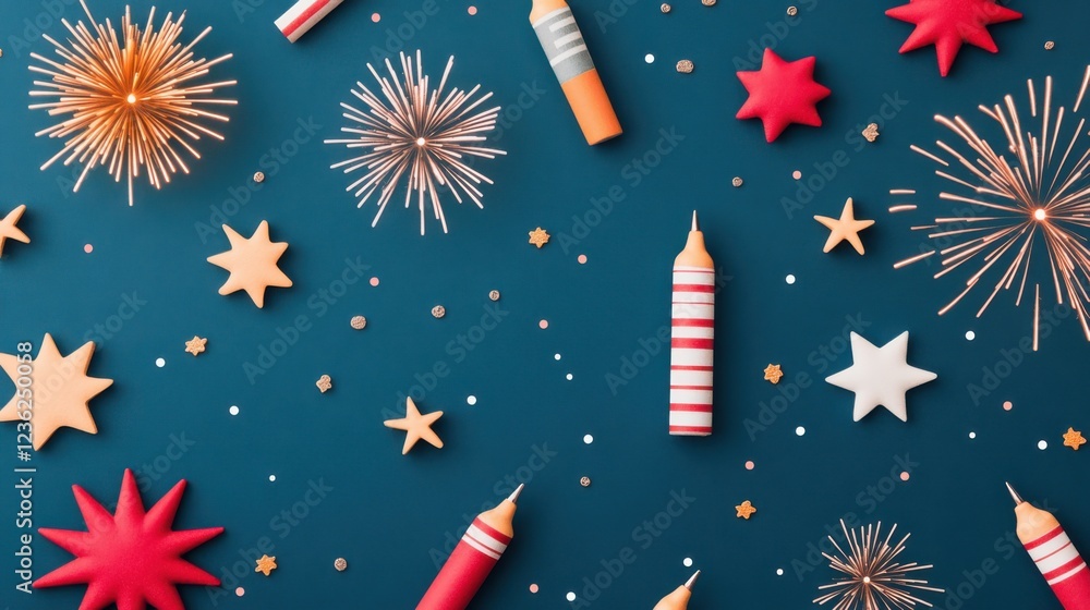 Poster stunning and colorful fireworks exploding in a starry night sky creating a dazzling display for a fe