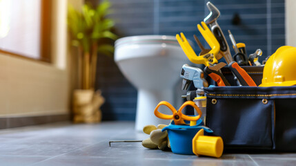 Fototapeta premium toolbox filled with tools beside toilet needing repair in bathroom