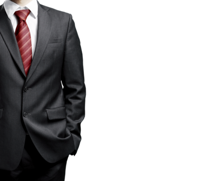 Formal attire featuring a dark suit, red tie, and white shirt. Isolated on a white background. Concept of business, professionalism, elegance