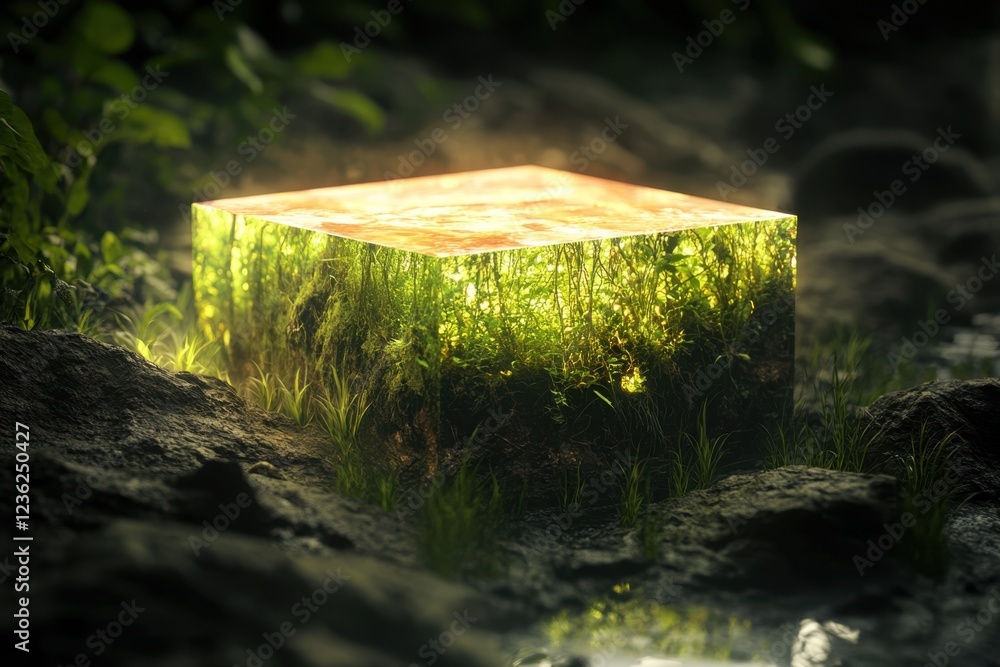 Poster bright illuminated cube surrounded by lush greenery and rocks in a tranquil natural setting
