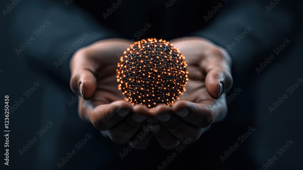 Poster tech driven power glowing luminous orb floating in cupped human hands radiating a mysterious futuris