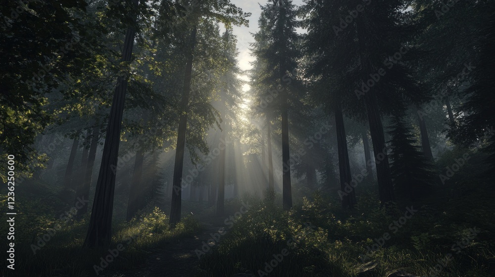 Poster sunlight beams through a dense forest creating a serene and magical scene