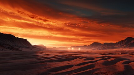 Dramatic Sunset Over Vast Desert Landscape with Mountain Silhouettes