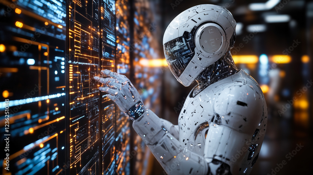 Poster futuristic robot analyzing data on digital interface in high-tech environment