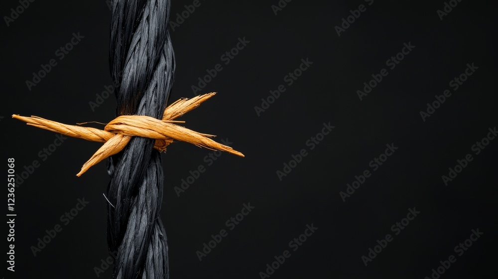 Poster barbed wire: a close-up shot of a single strand of black barbed wire with sharp points, isolated on 