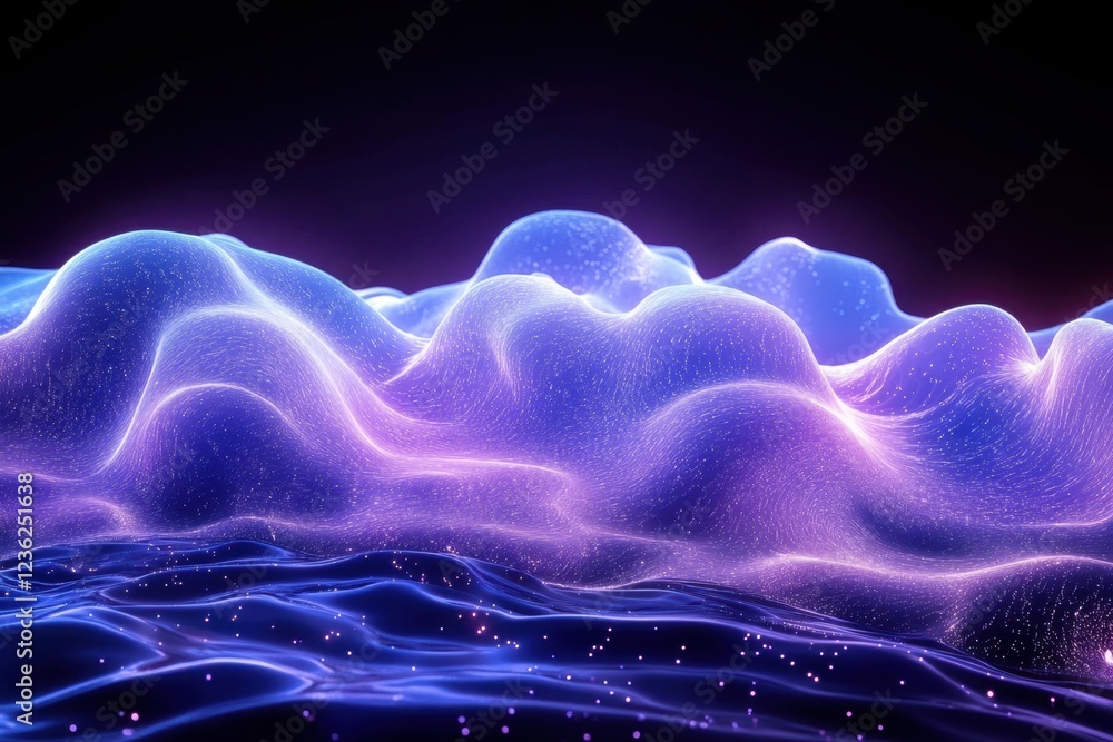 Poster vibrant abstract wave structure with glowing lines and fluid forms in dark background