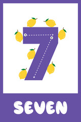 Graphic representation of the number seven surrounded by lemons on a colorful background designed for educational purposes.Handwriting training.Educational cards for children
