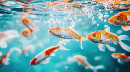 Fototapeta premium Colorful Koi Fish Swimming Under Water with Air Bubbles and Light