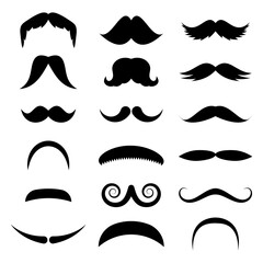 Set of Various Mustache Silhouettes Vector Illustration. This vector illustration features a collection of sixteen different mustache silhouettes, each with a unique shape and style. 