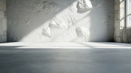 Sunlit empty room, stone wall, concrete floor, industrial design, product display