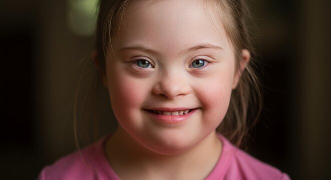 Adorable Girl with Down Syndrome Smiling Portrait Photo