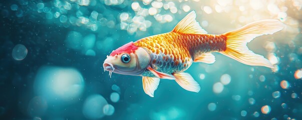 Fototapeta premium Vibrant Koi Fish Swimming Gracefully in Clear Blue Water Background