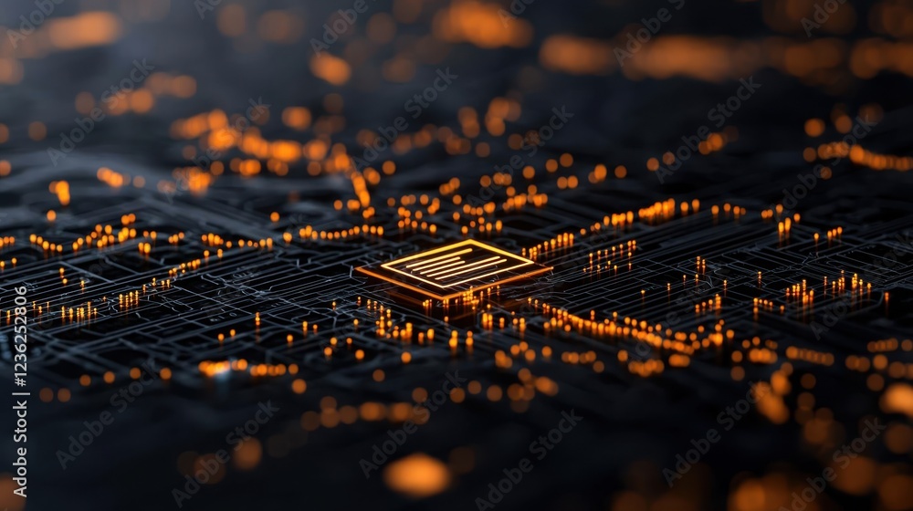 Poster glowing digital circuit board with intricate patterns and neon like lights symbolizing the technolog