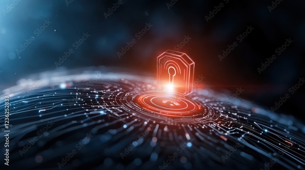 Poster glowing central lock icon illuminating a futuristic digital landscape with intricate patterns and co